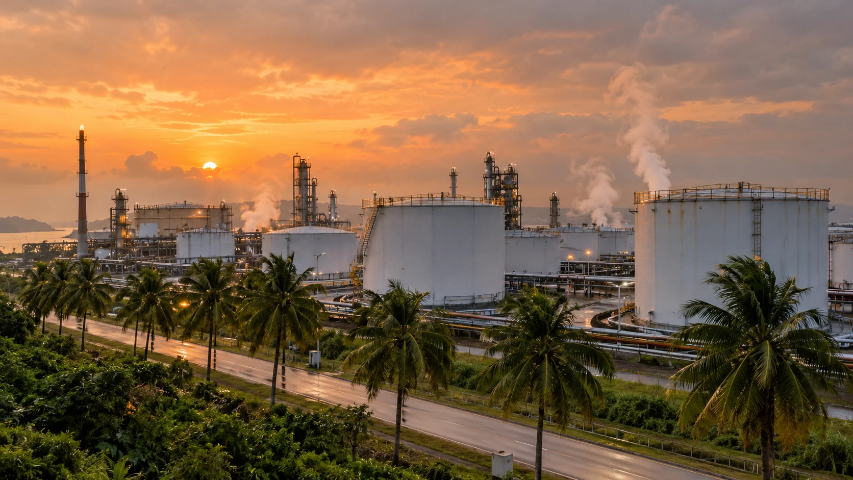 Refinery storage tanks and white steam plumes behind a palm-lined industrial channel at humid dawn