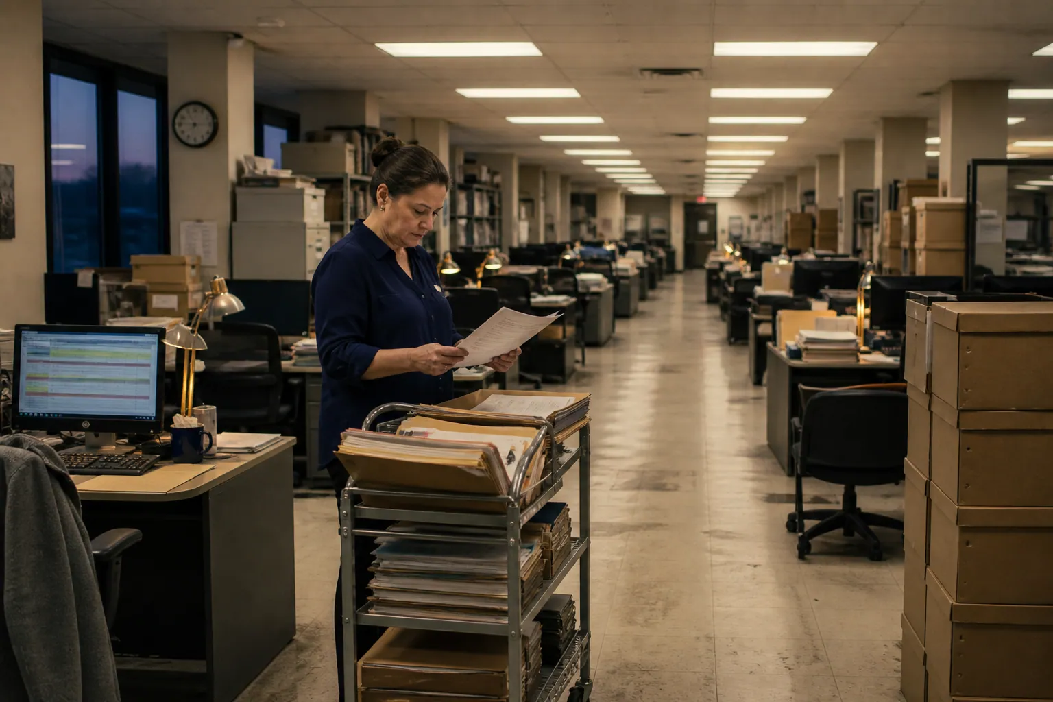 A supervisor reviews investigation folders in a long shared-services aisle at dusk, most desks empty, a case-queue screen glowing at the near station