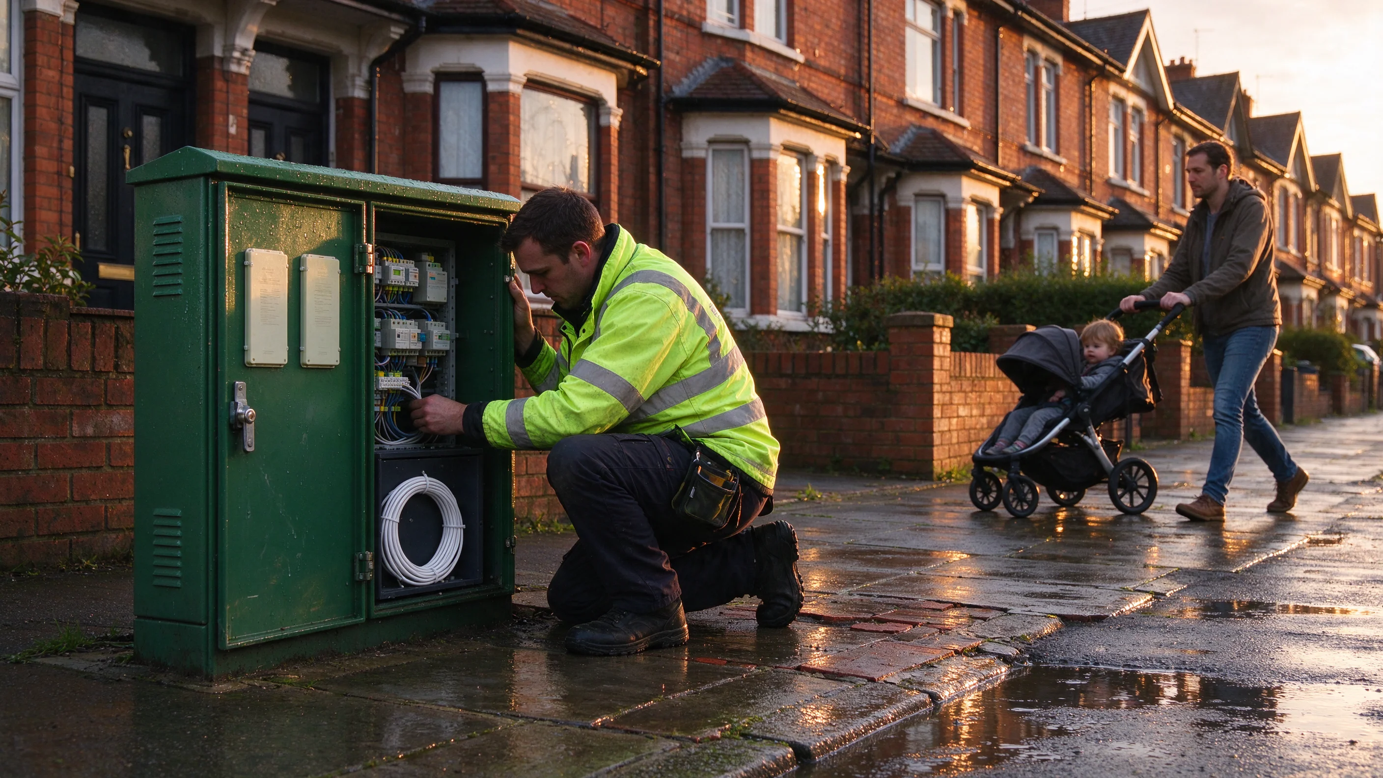 Golden-hour on a UK terraced street as a telecom engineer services a pavement broadband cabinet while a resident walks past