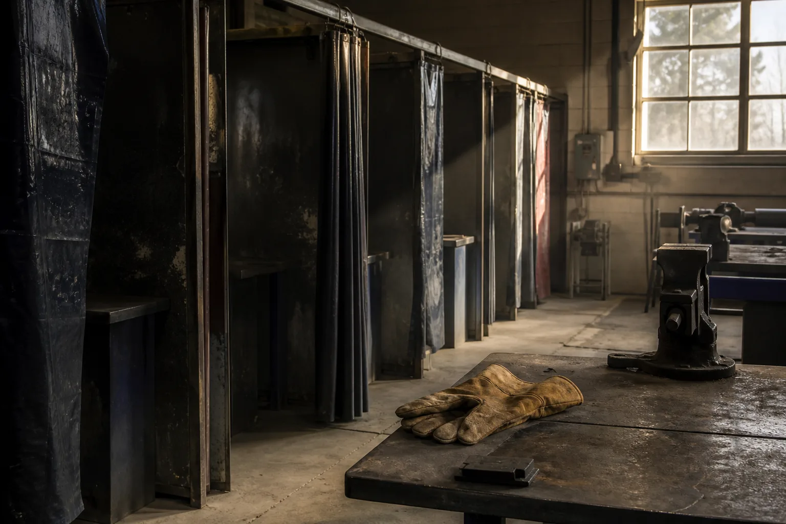 A nearly empty vocational workshop at late afternoon, unused welding booths in a row, one pair of gloves left on a steel table