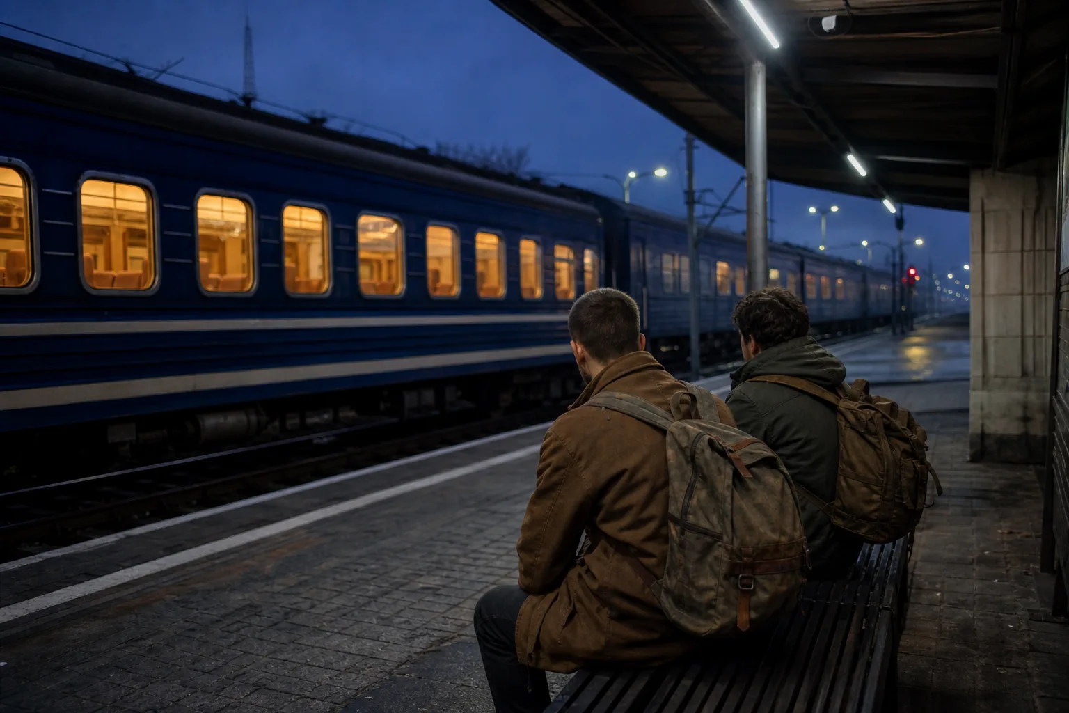 Two young men with worn backpacks wait on a provincial railway platform at blue hour, an almost empty night train glowing behind them