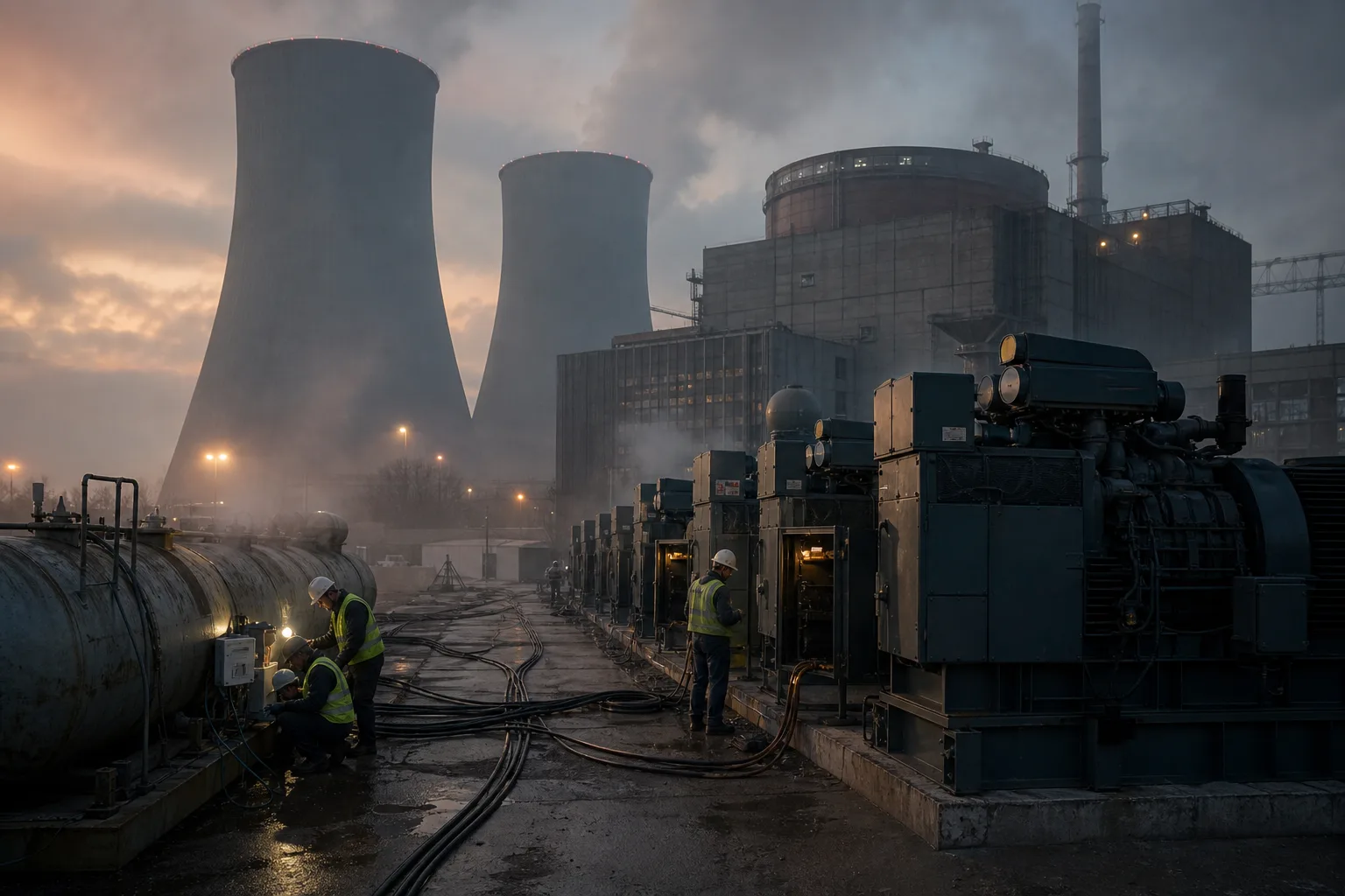 Diesel generators and technicians at dusk beneath nuclear cooling towers in autumn fog