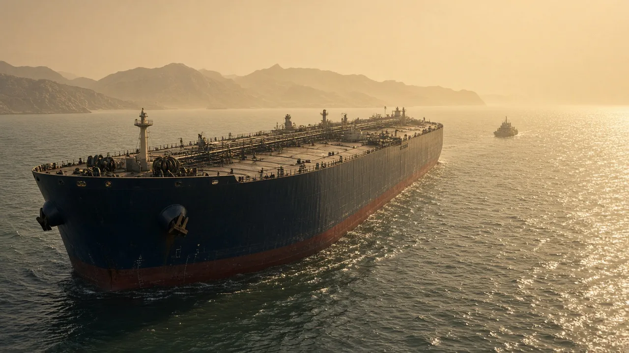 A laden VLCC under golden heat haze in the Strait of Hormuz, escort silhouette tiny against the hull
