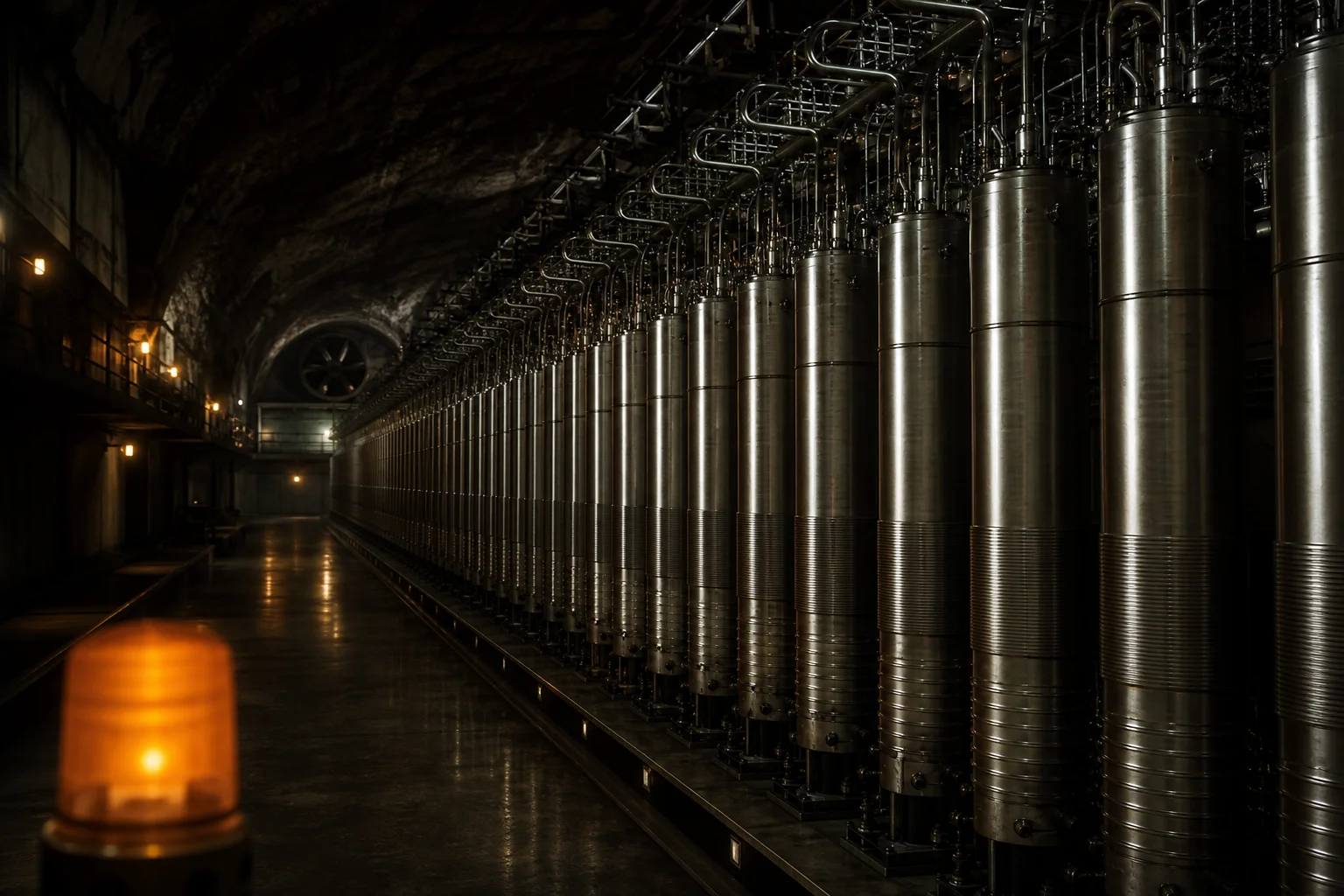 Centrifuge cascades in a dim underground facility with a timeline overlay showing months-to-re-enrichment warning from IAEA assessment