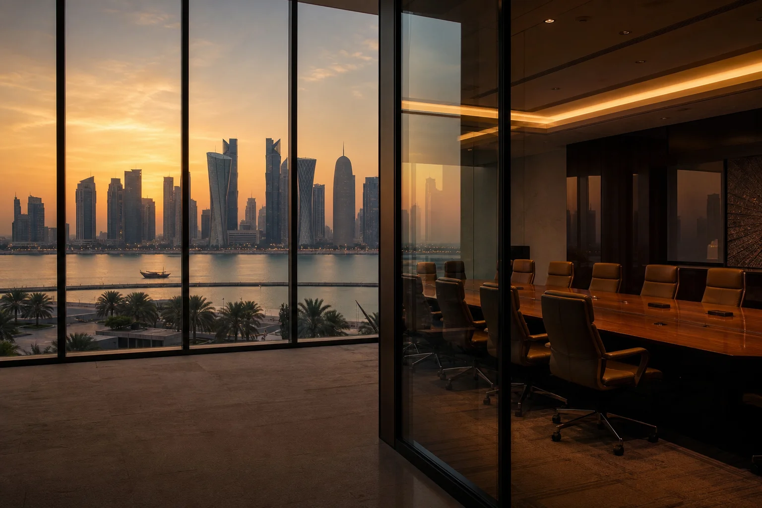 Doha skyline at dusk with diplomatic meeting rooms empty and a nuclear symbol fading in the background, illustrating sidelined nuclear timetable talks