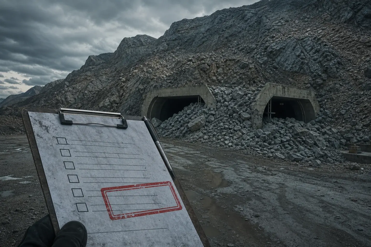 Buried tunnel entrances at a mountain enrichment site beside an IAEA inspection checklist marked unverified, symbolizing the uranium accounting blind spot