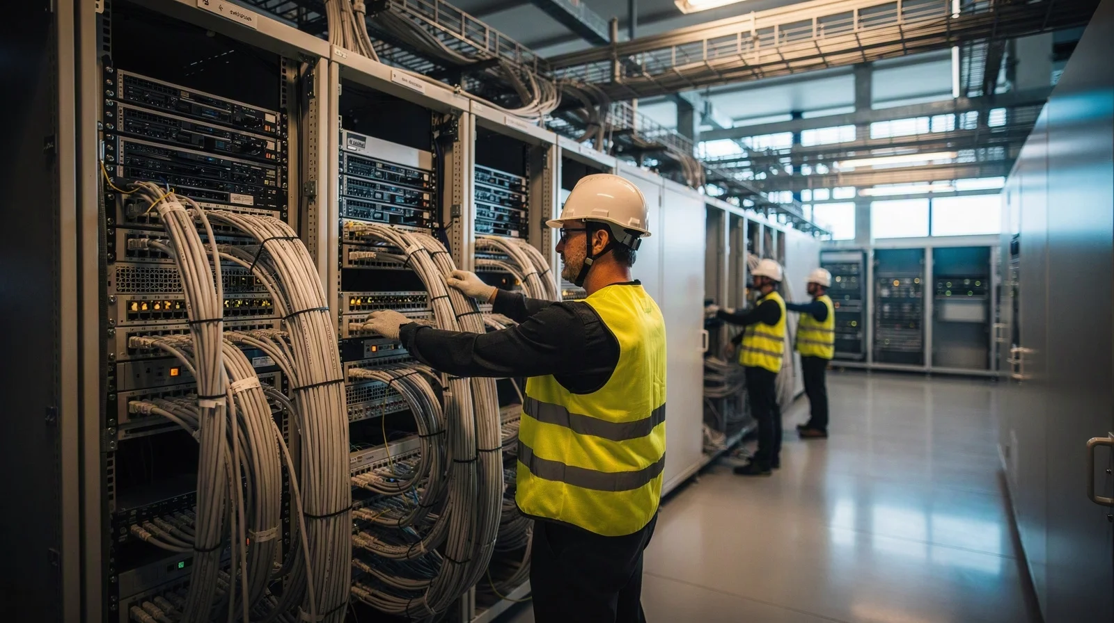 Technicians route dense fiber-optic bundles through networking racks in a data-center cable room
