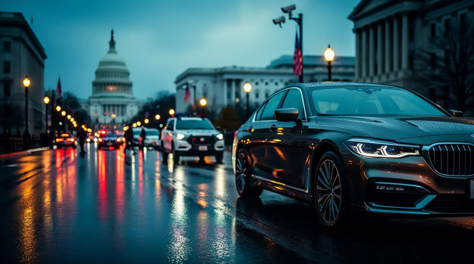A rain-slick Washington boulevard at dusk with a modern premium car under moody street lights and a subtle security-state atmosphere