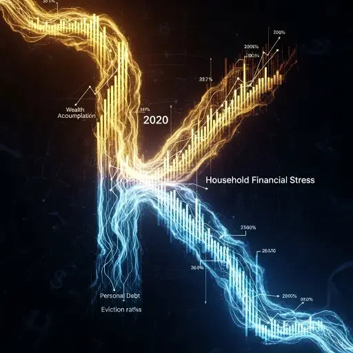 Abstract visualization of a large 'K' shape formed by two streams of economic data - upper branch showing wealth accumulation metrics trending up, lower branch showing household financial stress indicators trending down, with the divergence point clearly marked at 2020