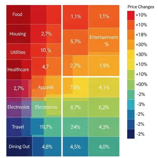 Heat map visualization showing price changes across different spending categories, with essentials like food, housing, and utilities in deep red (high inflation) while discretionary items show cooling in blue and green tones