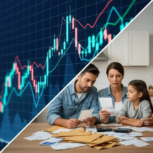 Split-screen composition showing luminous stock market charts trending upward on left side, contrasted with middle-class family at kitchen table surrounded by bills and calculator on right side, separated by a stark diagonal divide