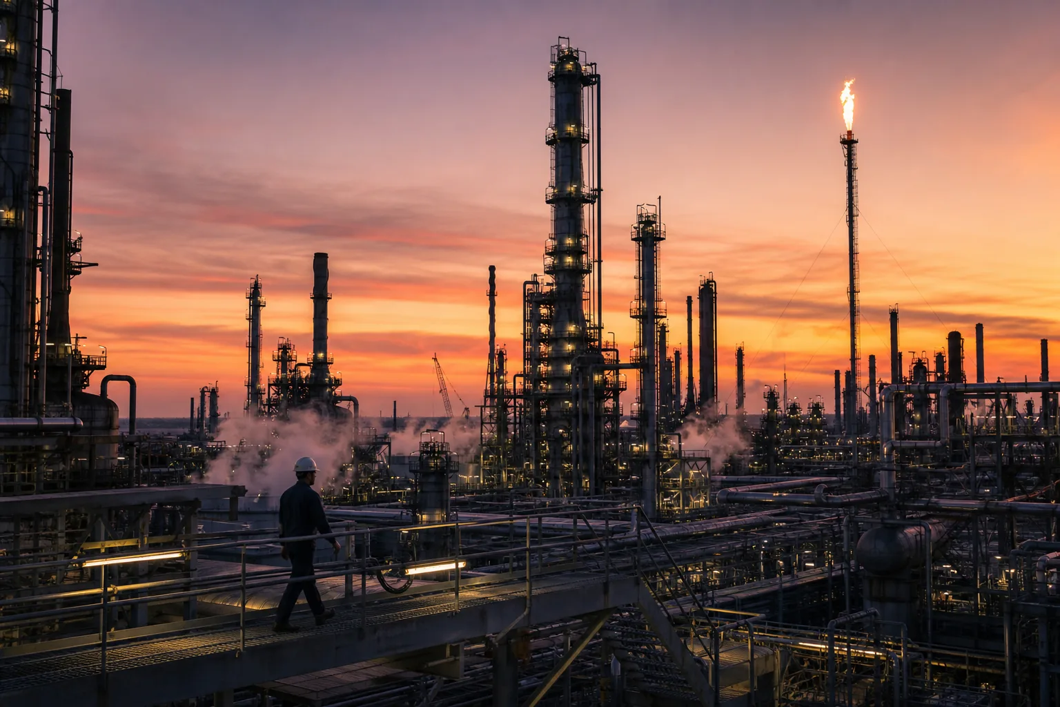 U.S. Gulf Coast refinery at dusk with distillation towers, a soft orange flare, and a worker on a catwalk