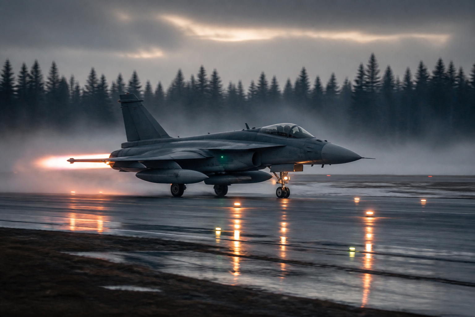 Fighter jet on a wet runway at dawn with fog and distant forest, runway lights reflecting on asphalt
