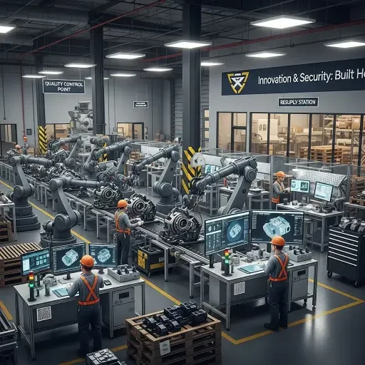 Manufacturing facility showing the convergence of reshoring initiatives and defense supply chain requirements, with automated production lines and quality control stations