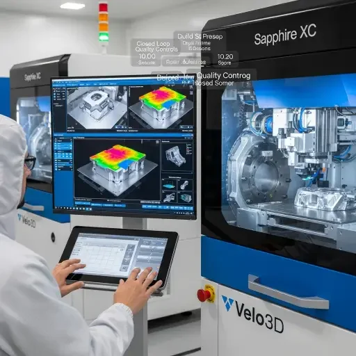 Operator controlling Velo3D additive manufacturing system with precision process monitoring, demonstrating closed-loop quality controls and scalable production workflows