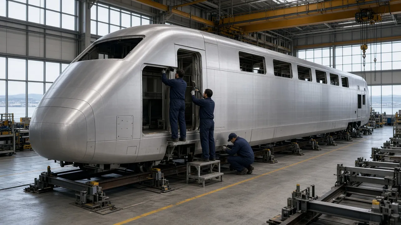Unmarked double-deck high-speed carbody on jigs in a coastal assembly hall, technicians fitting interior panels under clerestory daylight
