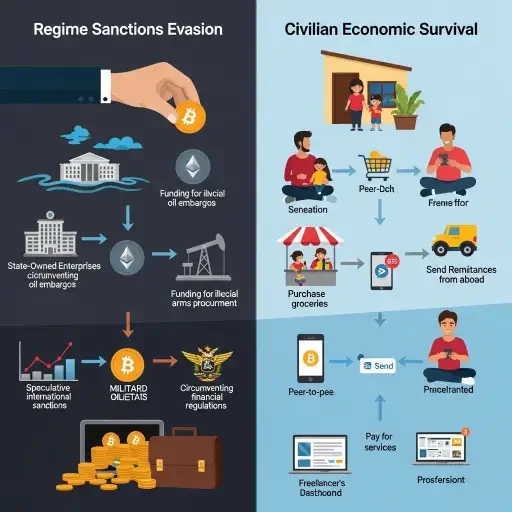 Infographic showing the dual-use nature of cryptocurrency in Venezuela: regime sanctions evasion vs civilian economic survival
