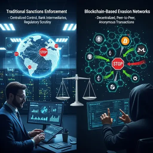 Split-screen comparison of traditional sanctions enforcement vs blockchain-based evasion networks