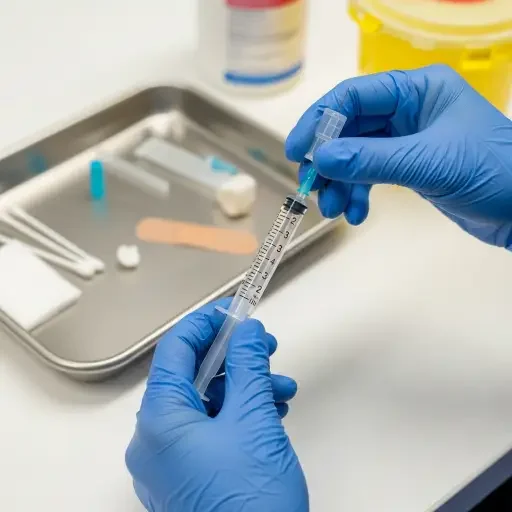 Close-up of a clinician preparing a biologic injection with clinic equipment