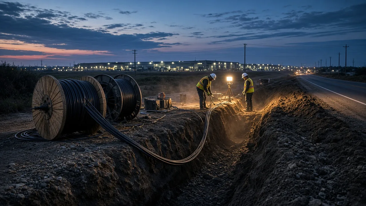 Fiber optic cable reels beside an open highway trench at blue hour, work lights on a crew, distant data-center lights in haze
