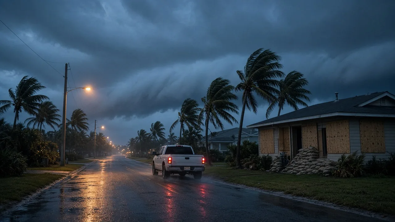 Plywood-boarded Gulf Coast houses at blue hour under a storm-shelf sky