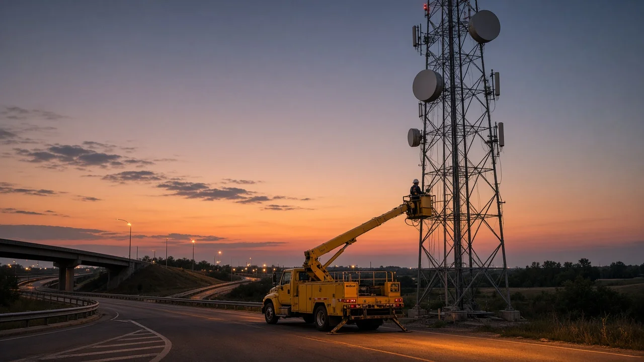 Lattice cell tower at dusk with a bucket truck and technician beside microwave dishes, orange highway lighting on the asphalt