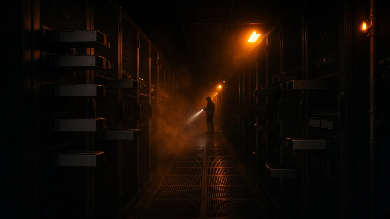Dark data-center hot aisle under amber emergency light, server cabinets receding