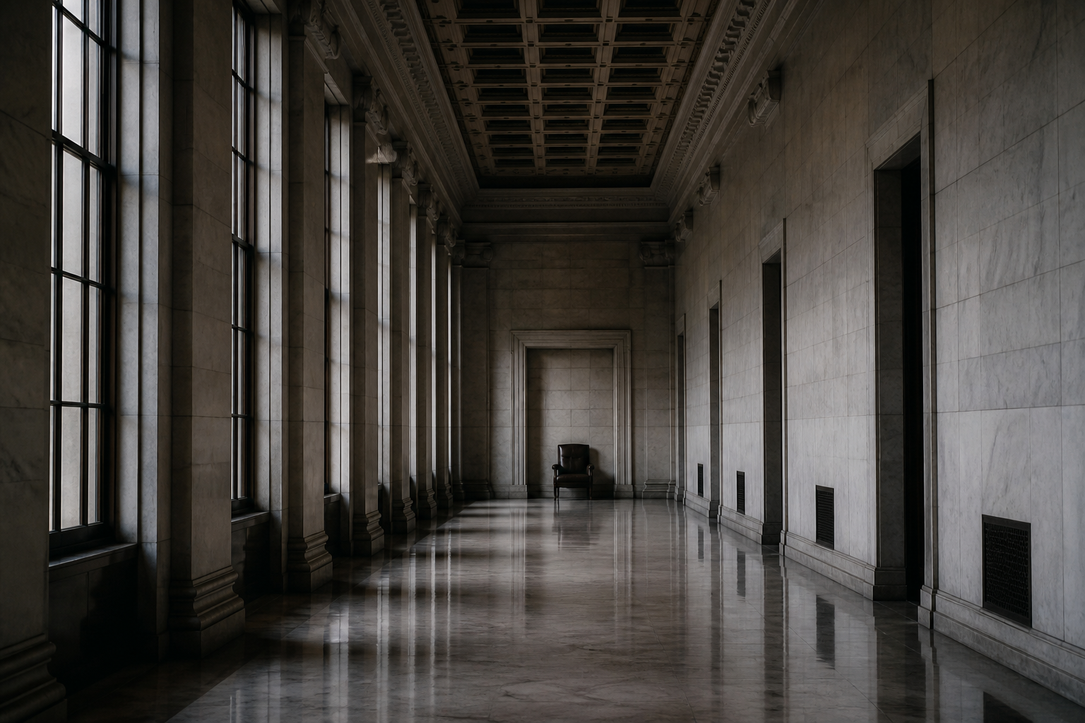 Empty marble corridor in a central bank building at dawn with a single chair at the far end