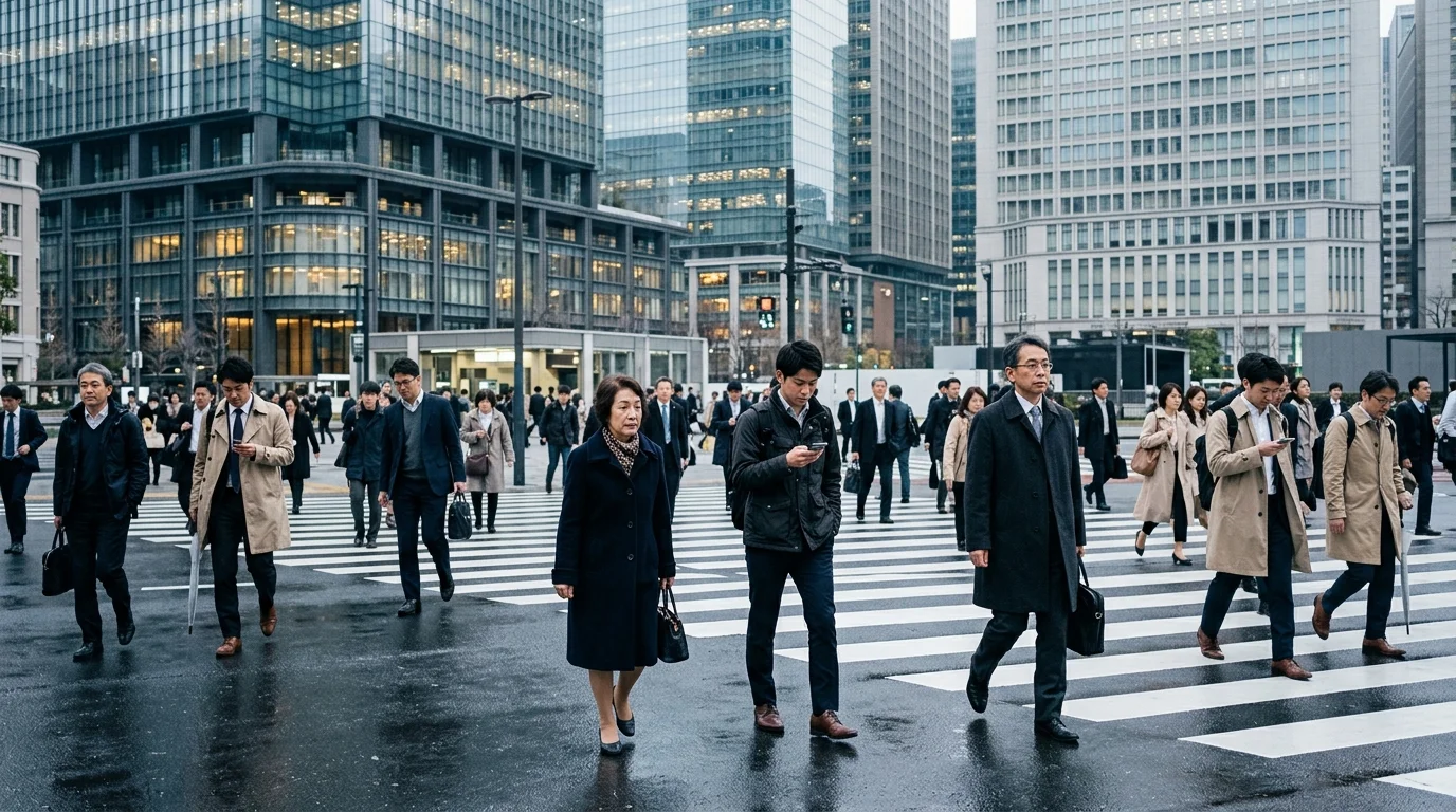 Early morning commuters crossing Marunouchi near Tokyo Station under bright overcast, glass towers and wet pavement reflections