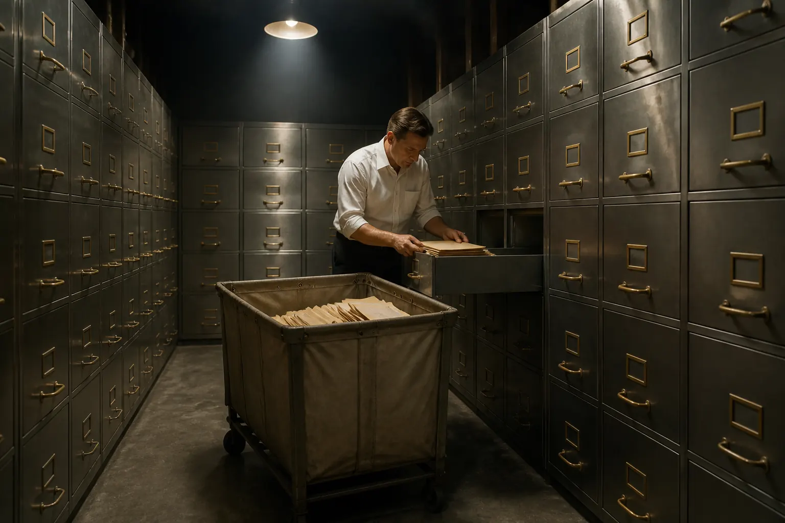 Night vault: a clerk loads unmarked envelopes from steel drawers into a canvas mail cart under one hanging lamp