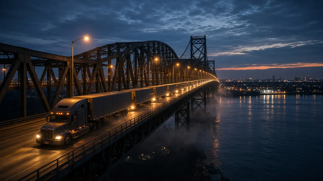 Night truck queue on the Ambassador Bridge between Windsor and Detroit under blue-hour sodium light