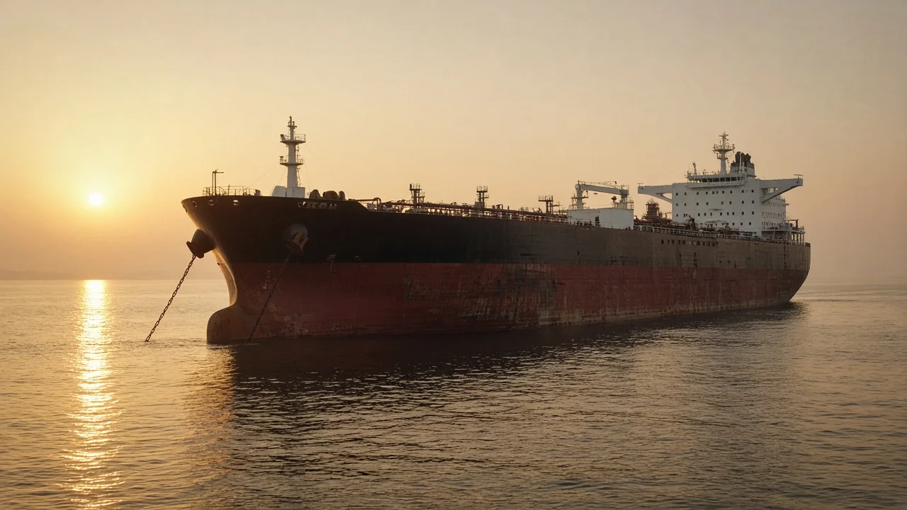 Very large crude carrier at anchor in calm Gulf waters at golden hour, rust-red hull against a hazy horizon without visible port infrastructure