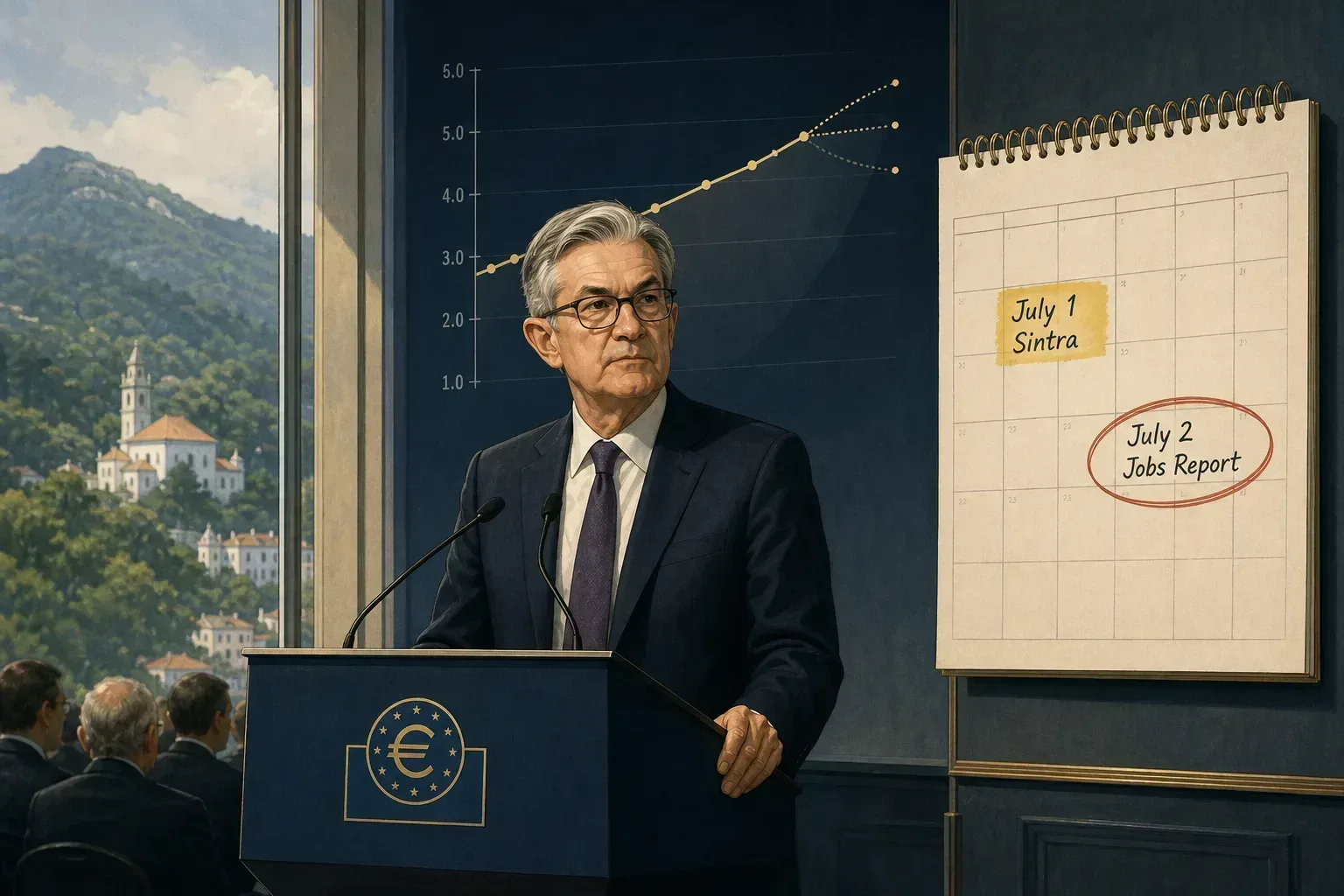 Central banker at an alpine conference podium beside a calendar showing July jobs data and a rising federal funds rate projection