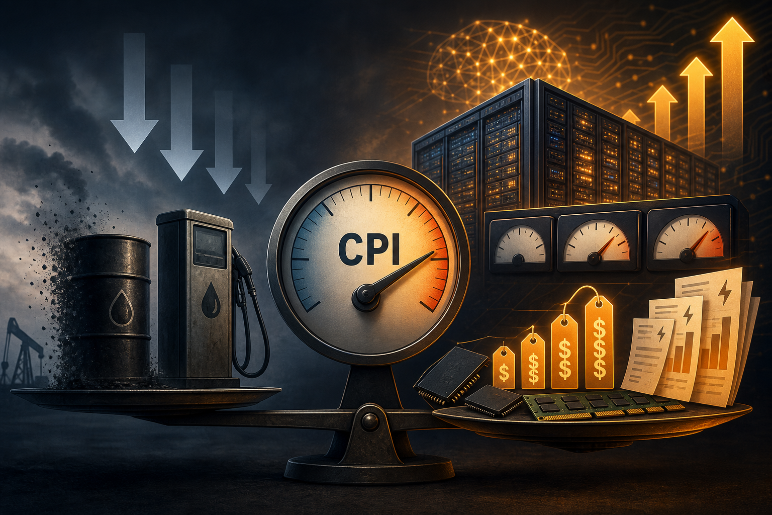 Split inflation gauge with fading oil barrel on one side and rising AI data center power meters and memory chip prices on the other