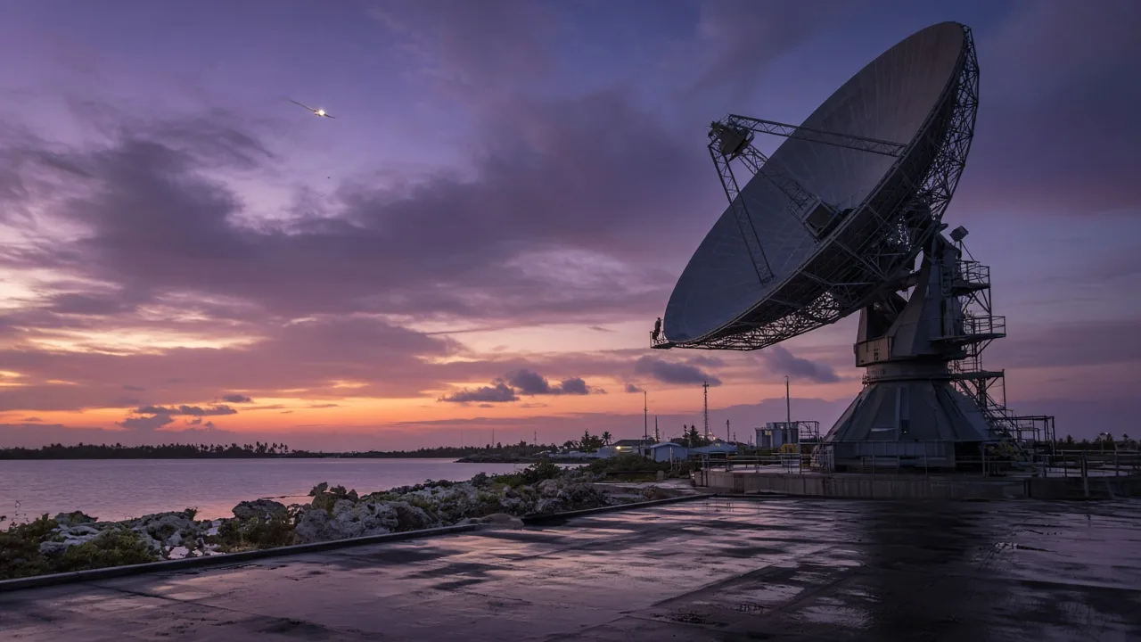 A Pacific space-surveillance radar tilting toward dusk over a lagoon, a technician tiny on the catwalk