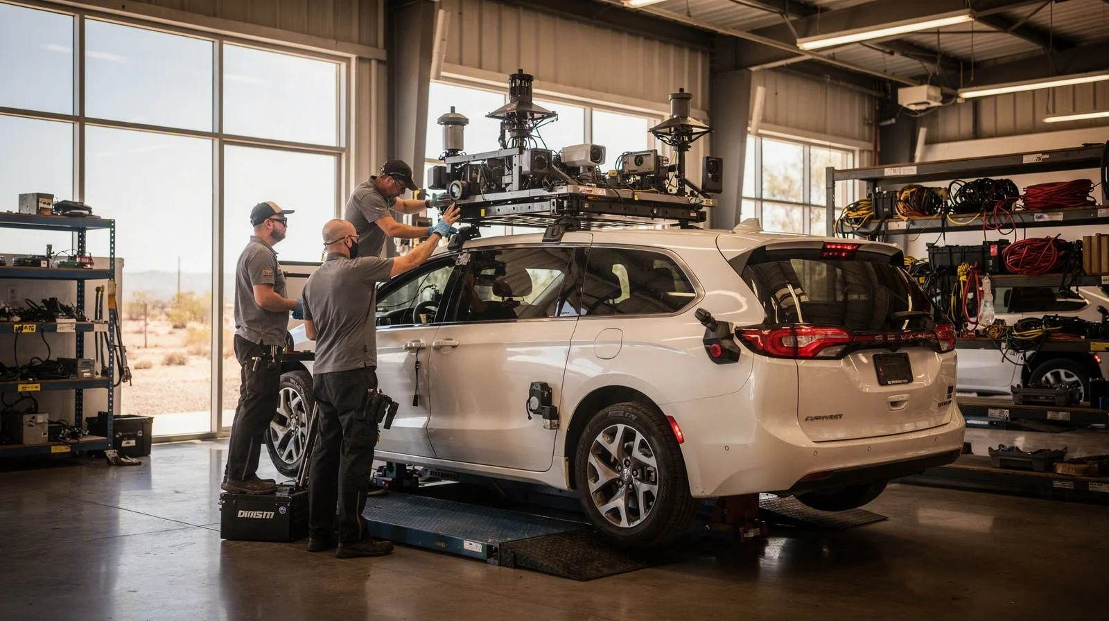 Inside a bright vehicle upfit bay, a minivan on a lift while technicians mount a large autonomous sensor rack