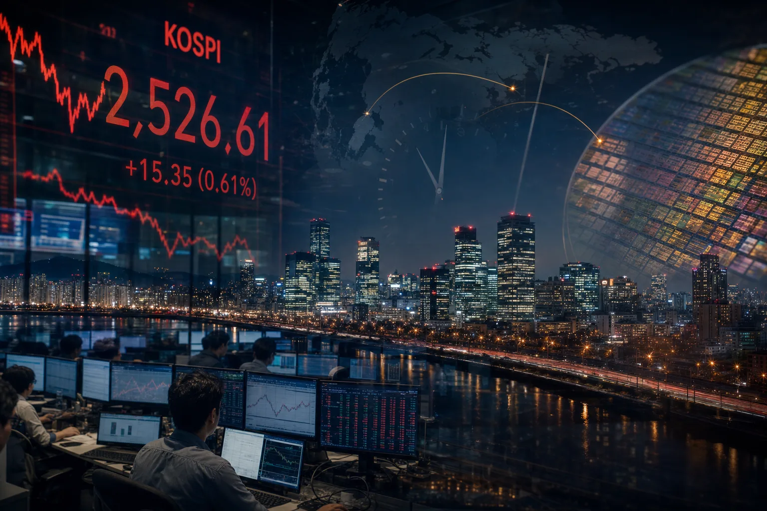 Night view of Seoul's Yeouido financial skyline with glowing trading screens and translucent red-amber KOSPI numerals reflected in glass