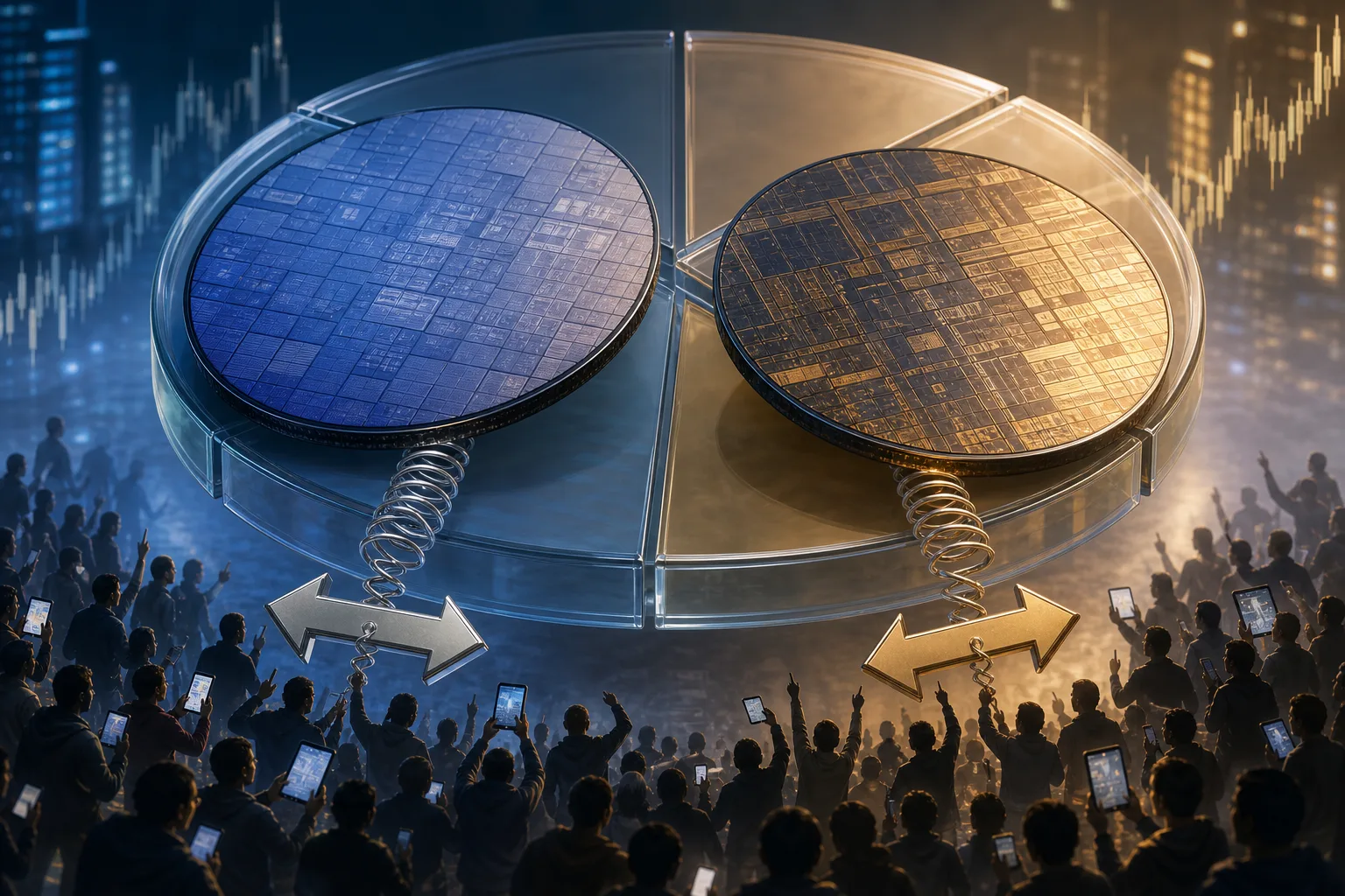 Two oversized silicon wafers dominate a glass index pie chart while coiled leverage springs connect them to a crowd of small silhouetted retail traders