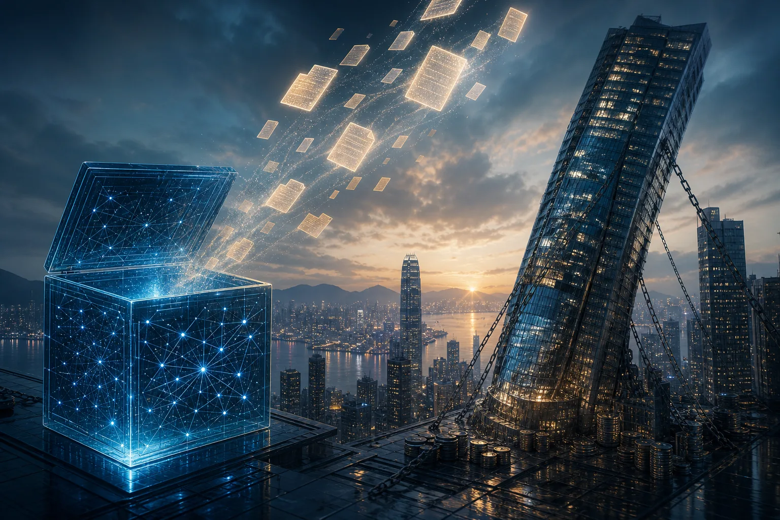 An open translucent neural-network cube releases glowing weight-file packets while a distant mirrored tower leans under financial pressure at East Asian dawn