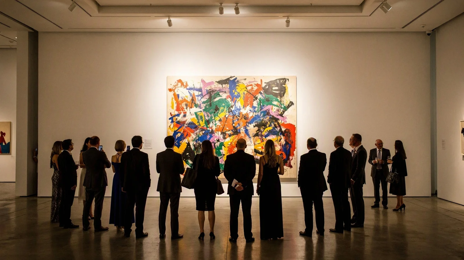 Contemporary art preview evening in a Hong Kong saleroom with spotlit canvases and collectors viewed from behind