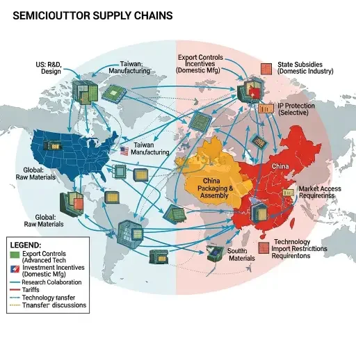 A composite study of semiconductor supply chains and policy maps. Alt-text: Diagram of global chip supply chains with US and China nodes and policy arrows.