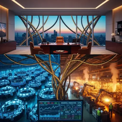 A final portrait of an executive suite overlooking a trading floor and a fabrication plant, tethered by a lattice of cables. Alt-text: A panoramic scene linking policy, markets, and factories through a web of interdependencies.