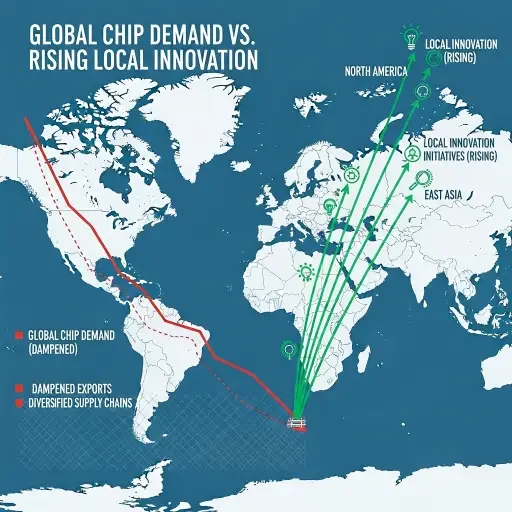 A stylized graph showing dampened global chip demand vs. rising local innovation initiatives in multiple regions. Alt-text: Cross-hatching lines representing dampened exports and diversified supply chains.