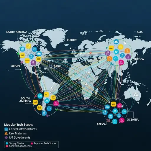 A stylized network diagram illustrating diversified supply chains and modular tech stacks across regions. Alt-text: A multi-node network showing modular tech ecosystems and cross-border dependencies.