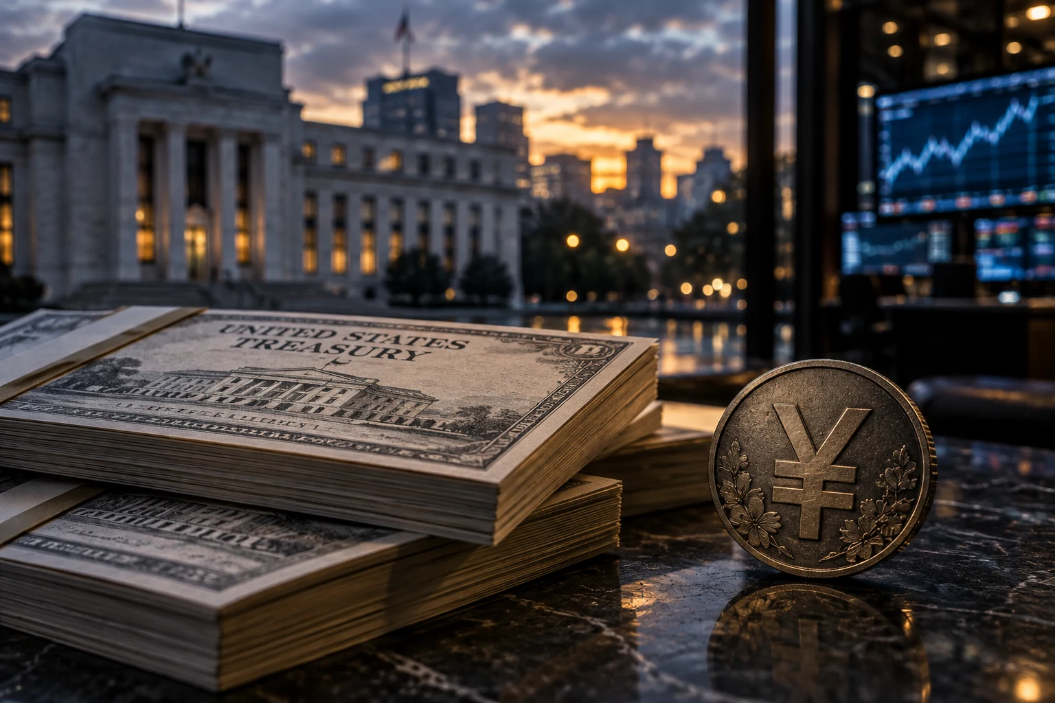 A yen coin beside U.S. Treasury securities with bond-market screens in the background