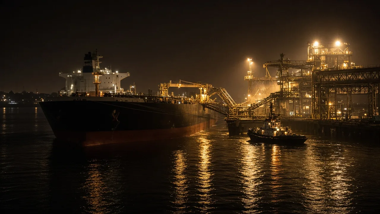 Night loading at a Lake Maracaibo oil export terminal, VLCC at berth under sodium lights with loading arms locked