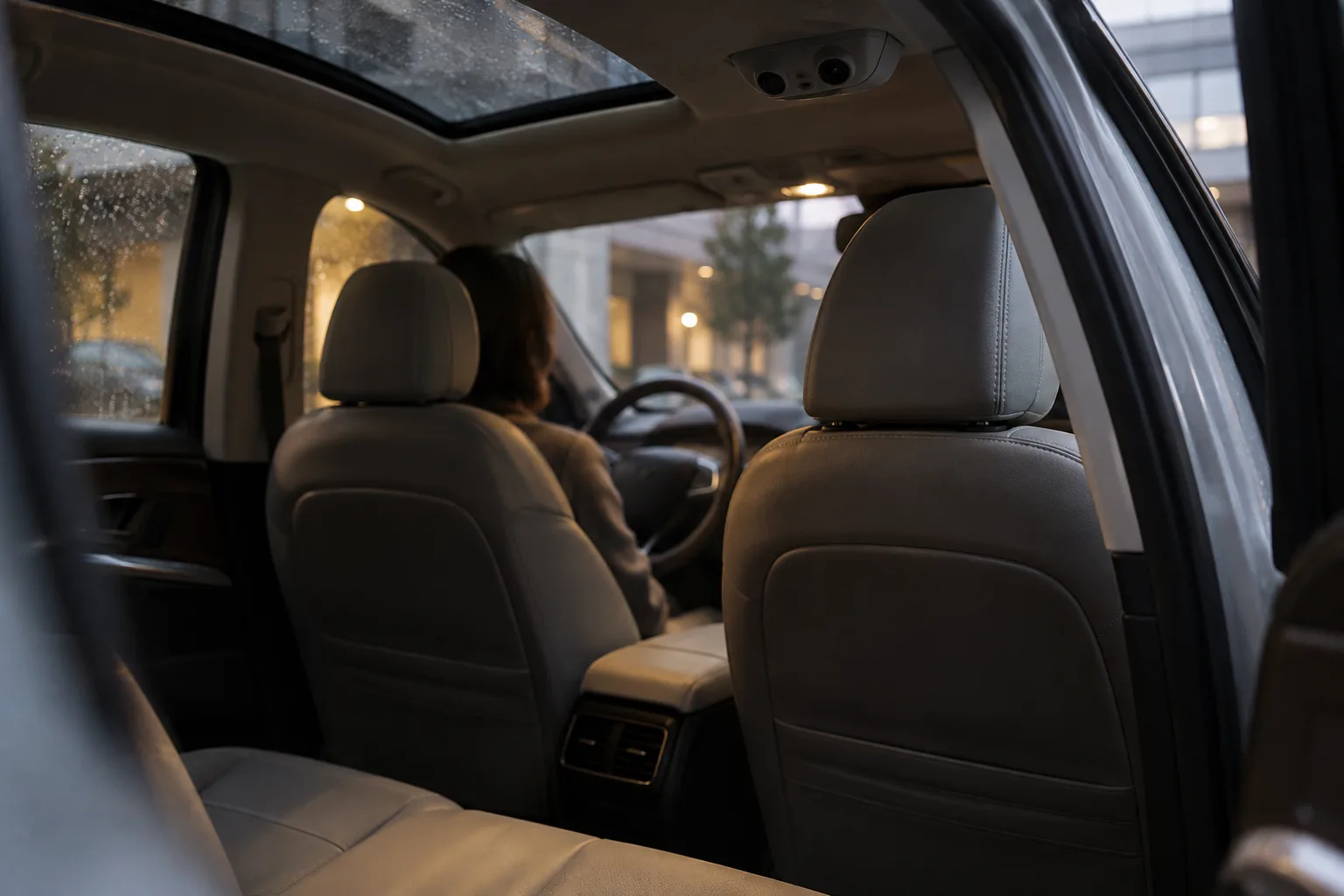 A car interior viewed through an open rear door, with a roof-mounted sensor housing above a driver on a rainy morning