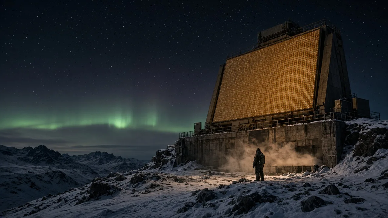 Night Arctic missile-warning radar face glowing amber against snow and black rock, aurora on the horizon