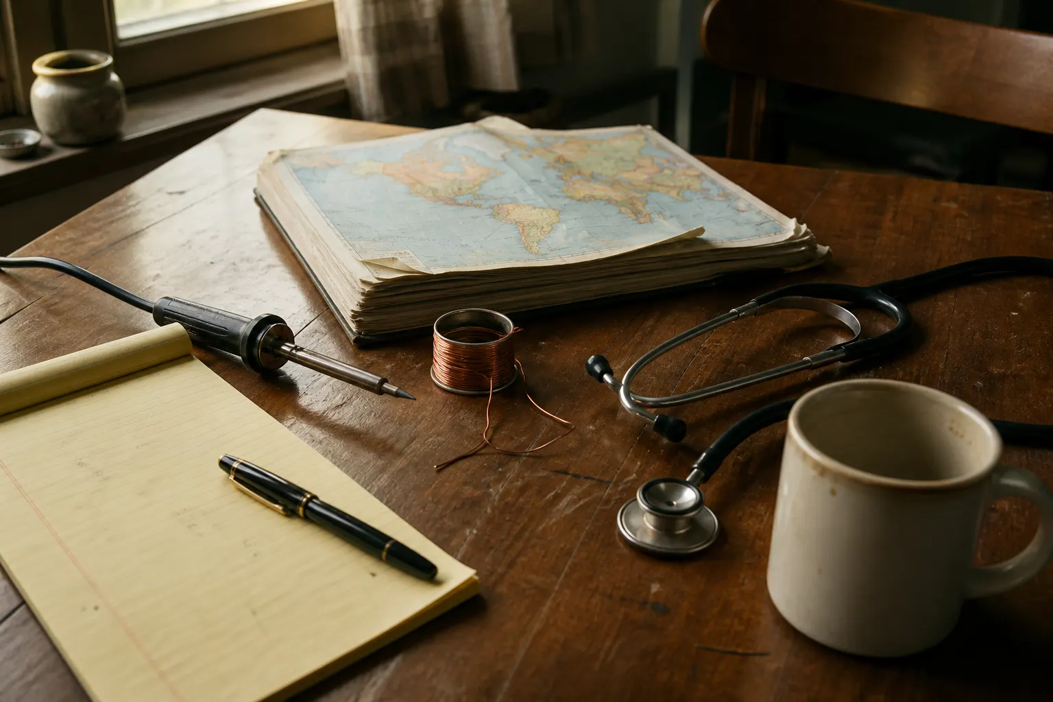 A kitchen table at morning light covered with mismatched working tools — a legal pad, a soldering iron, a worn atlas, and a stethoscope — as if one person had refused to pick a single trade