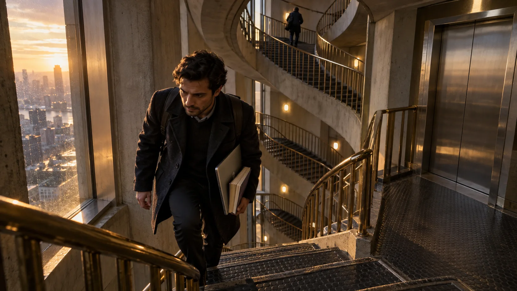 A developer climbs a long stairwell carrying a laptop and reference manual beside a silent elevator